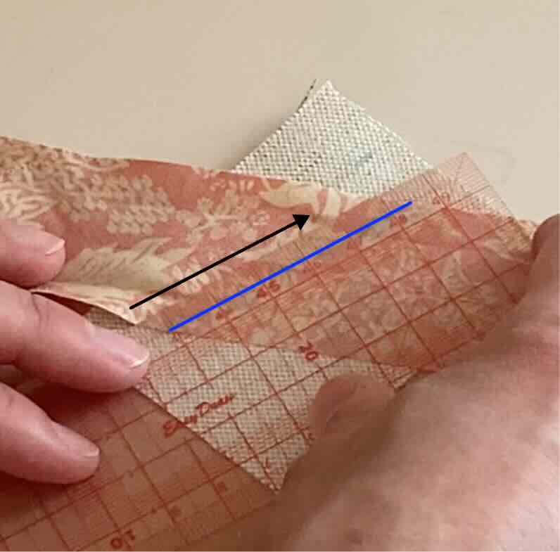 La ligne de coupe est tracée à 5mm à gauche de la ligne de couture sur le biais.