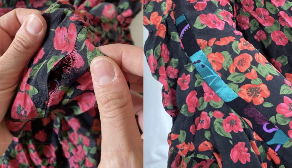 Réparation d'une couture déchirée sur une blouse en mousseline de soie avec un empiècement.