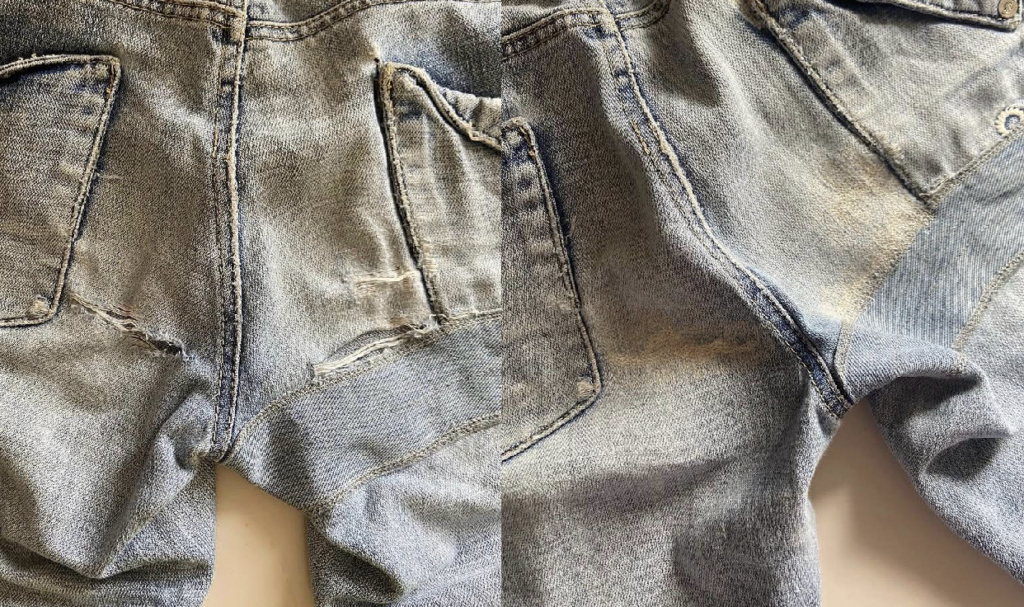 Avant après de la réparation de trous  situés au dos d'un jean, réalisé avec une technique de réparation invisible.