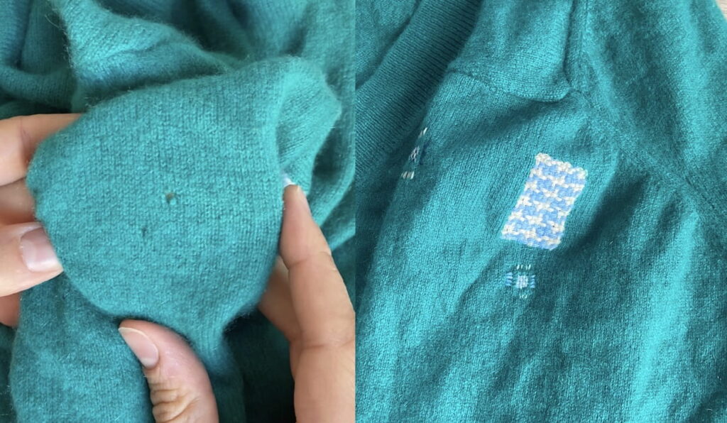 Avant après de la réparation d'un pull en maille troué, réalisée avec du fil blanc et bleu clair.