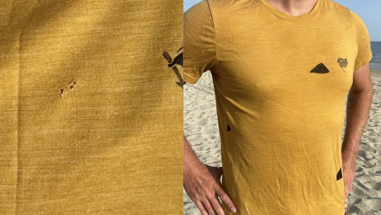 Avant après de la réparation de trous sur un T shirt jaune en mérinos avec des motifs triangulaires réalisés en point de chaînette.